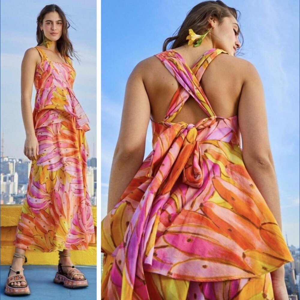 FARM Rio Mid Dress L Ombre Bananas Crossed Back Dress Tropical Summer - Picture 2 of 16